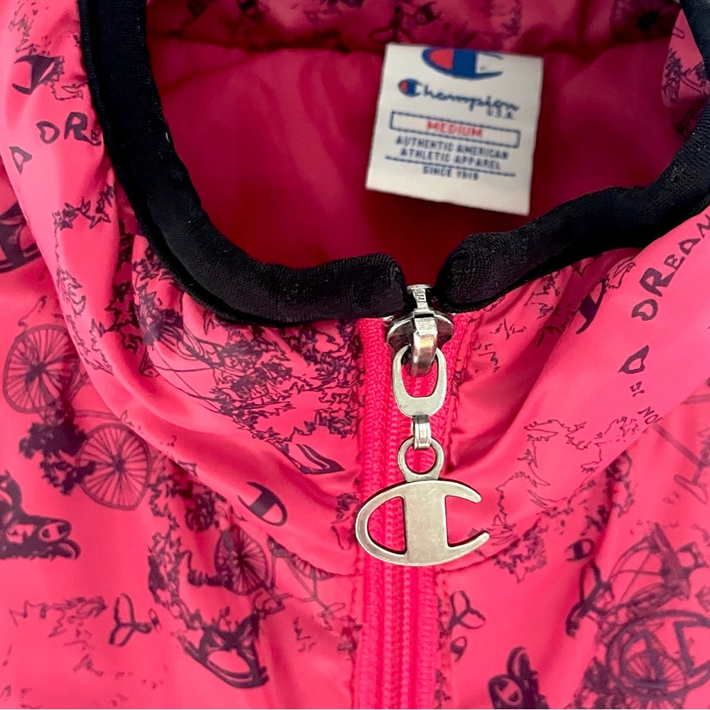 Champion Pink Print Full Zip Quilted Puffy Vest, Pockets, Logo Zipper Pull